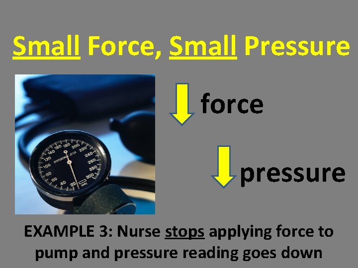 Small Force, Small Pressure force pressure EXAMPLE 3: Nurse stops applying force to pump Small Force, Small Pressure force pressure EXAMPLE 3: Nurse stops applying force to pump