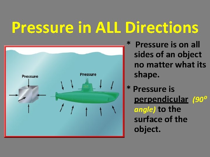 Pressure in ALL Directions * Pressure is on all sides of an object no Pressure in ALL Directions * Pressure is on all sides of an object no