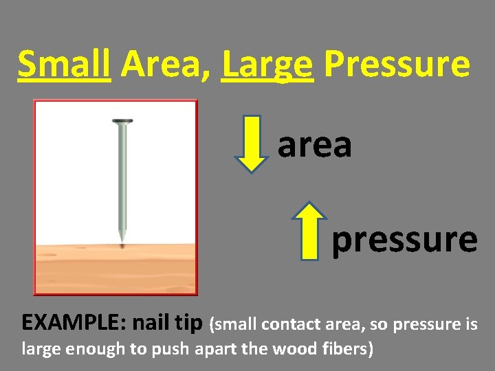 Small Area, Large Pressure area pressure EXAMPLE: nail tip (small contact area, so pressure Small Area, Large Pressure area pressure EXAMPLE: nail tip (small contact area, so pressure