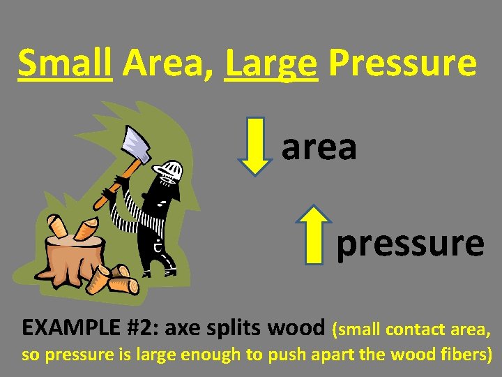 Small Area, Large Pressure area pressure EXAMPLE #2: axe splits wood (small contact area, Small Area, Large Pressure area pressure EXAMPLE #2: axe splits wood (small contact area,