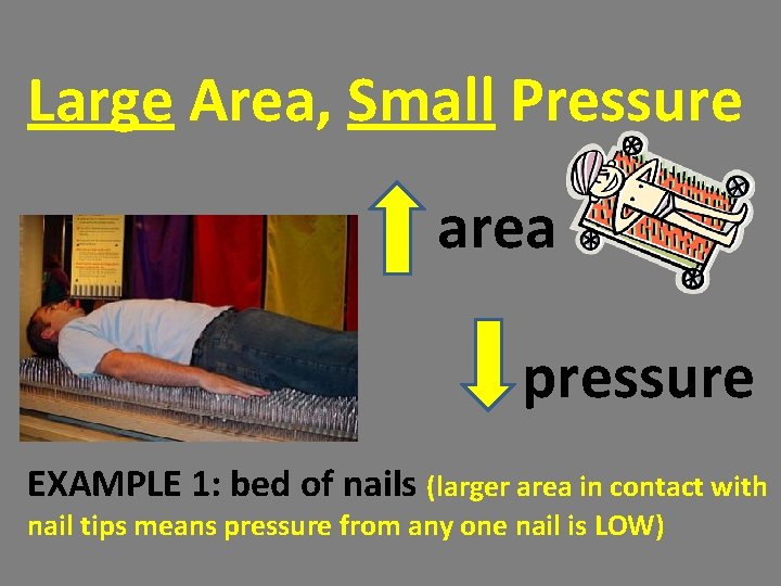 Large Area, Small Pressure area pressure EXAMPLE 1: bed of nails (larger area in Large Area, Small Pressure area pressure EXAMPLE 1: bed of nails (larger area in