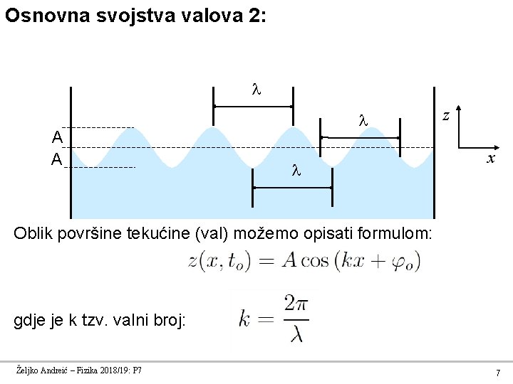 Osnovna svojstva valova 2: A A z x Oblik površine tekućine (val) možemo opisati