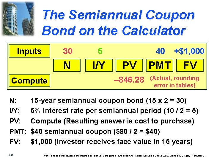The Semiannual Coupon Bond on the Calculator Inputs Compute N: I/Y: PV: PMT: FV: