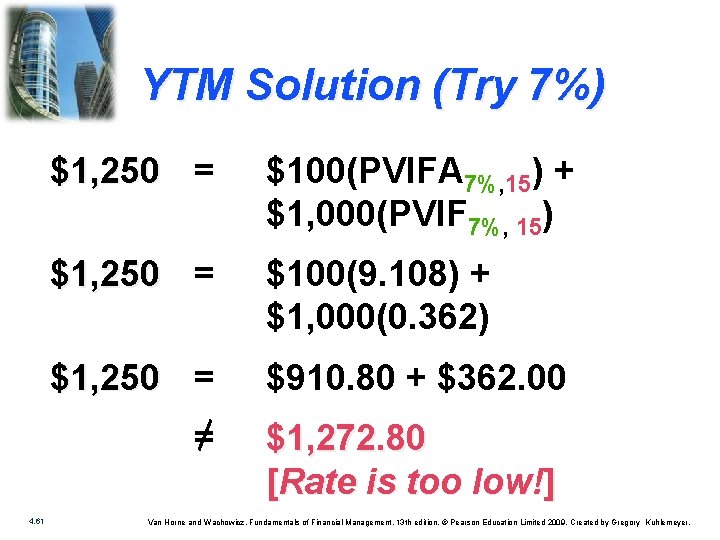 YTM Solution (Try 7%) 4. 61 $1, 250 = $100(PVIFA 7%, 15) + $1,