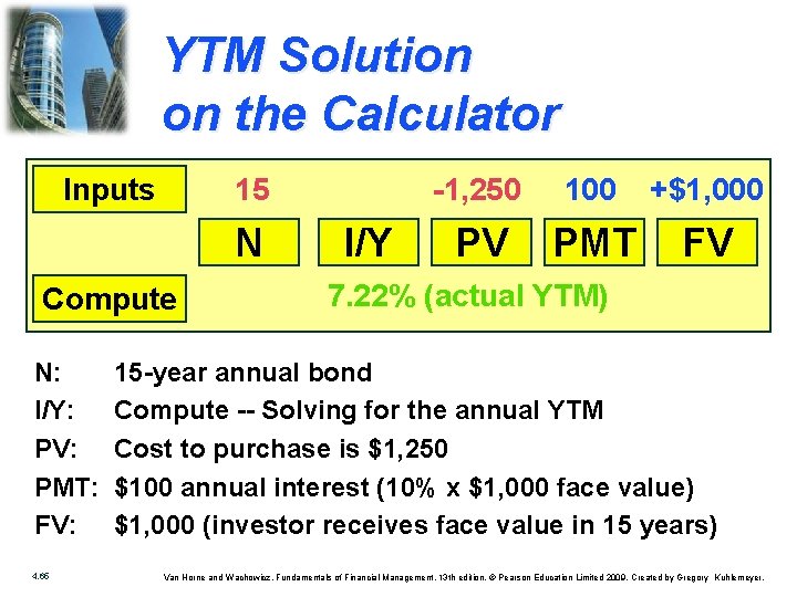 YTM Solution on the Calculator Inputs 15 N Compute N: I/Y: PV: PMT: FV: