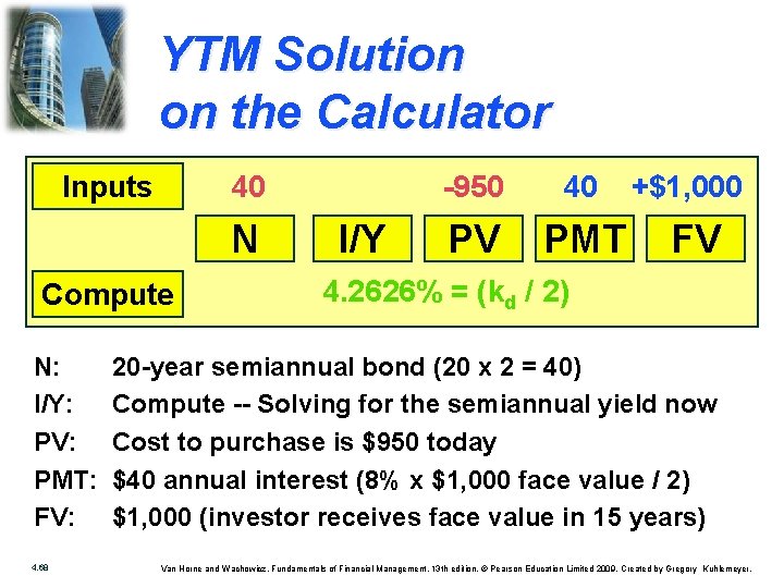 YTM Solution on the Calculator Inputs 40 N Compute N: I/Y: PV: PMT: FV: