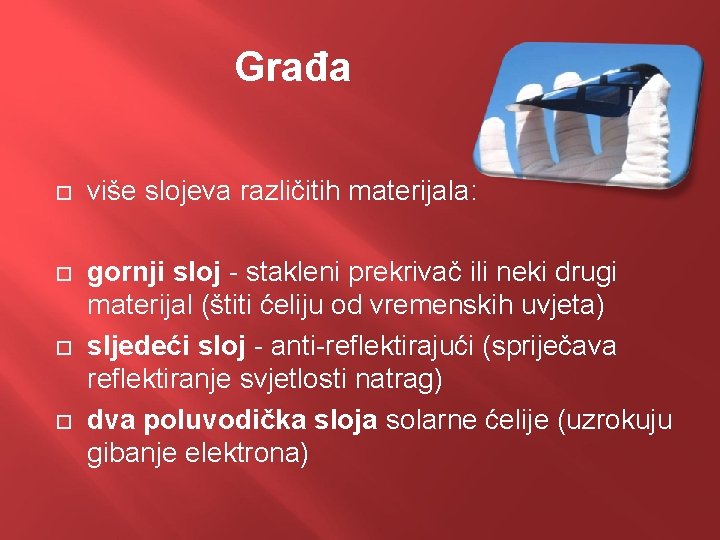 Građa više slojeva različitih materijala: gornji sloj - stakleni prekrivač ili neki drugi materijal