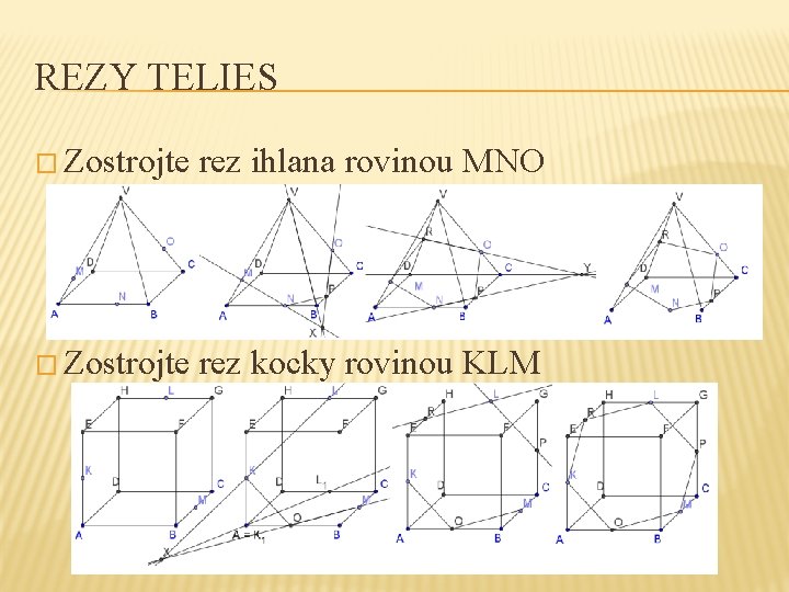 REZY TELIES � Zostrojte rez ihlana rovinou MNO � Zostrojte rez kocky rovinou KLM