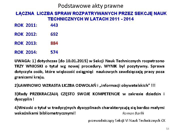 Podstawowe akty prawne ŁĄCZNA LICZBA SPRAW ROZPATRYWANYCH PRZEZ SEKCJĘ NAUK TECHNICZNYCH W LATACH 2011 Podstawowe akty prawne ŁĄCZNA LICZBA SPRAW ROZPATRYWANYCH PRZEZ SEKCJĘ NAUK TECHNICZNYCH W LATACH 2011