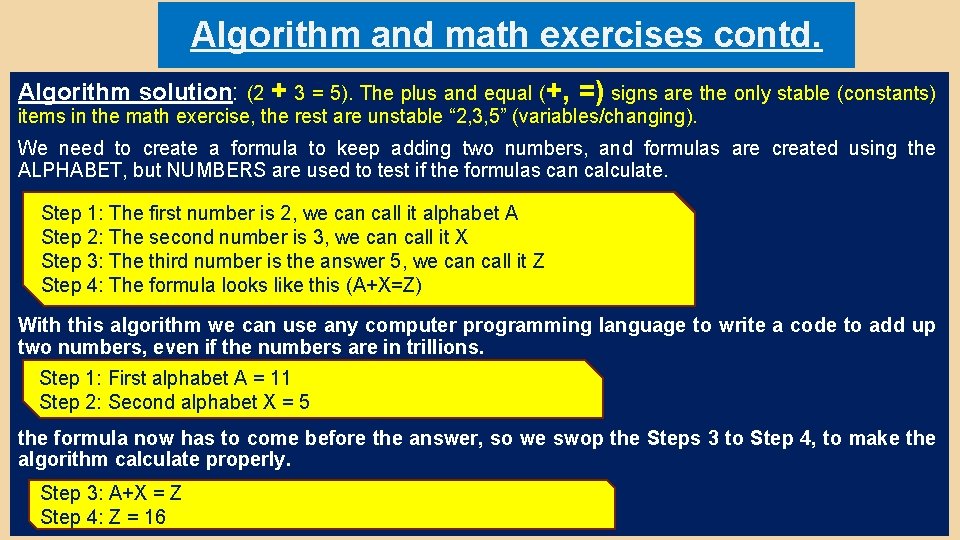 Algorithm and math exercises contd. Algorithm solution: (2 + 3 = 5). The plus