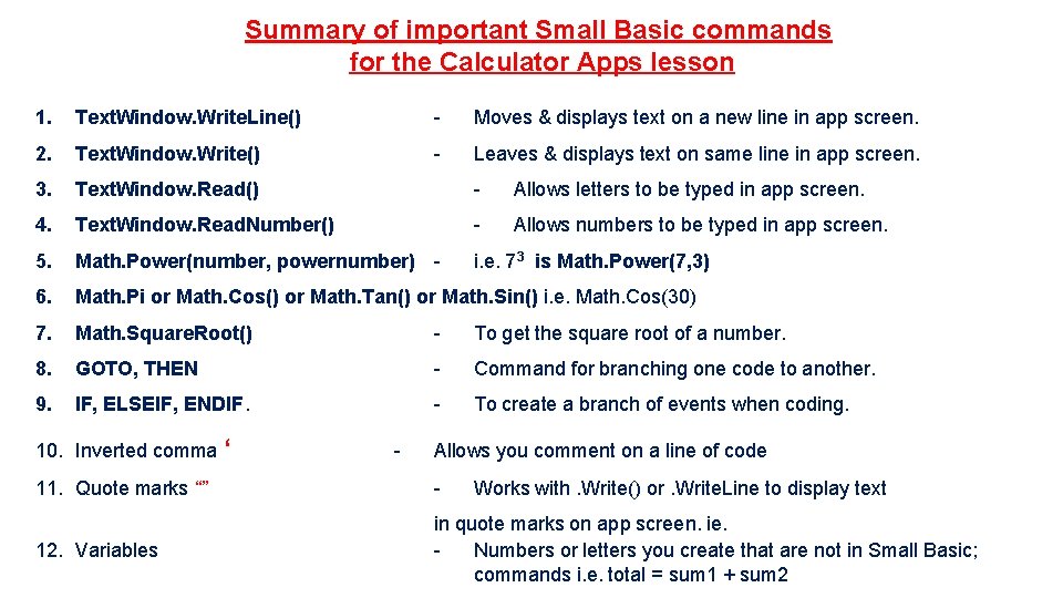 Summary of important Small Basic commands for the Calculator Apps lesson 1. Text. Window.