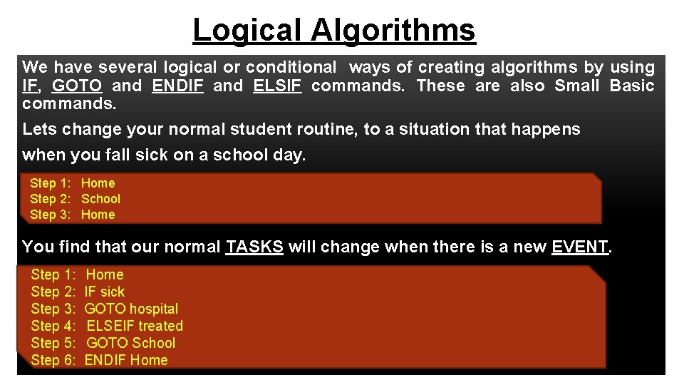 Logical Algorithms We have several logical or conditional ways of creating algorithms by using