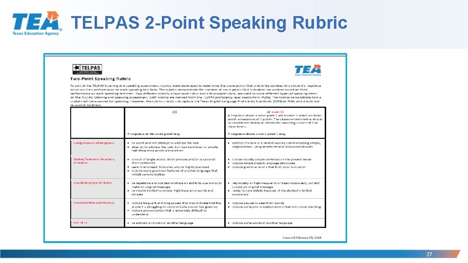 TELPAS 2 -Point Speaking Rubric 27 