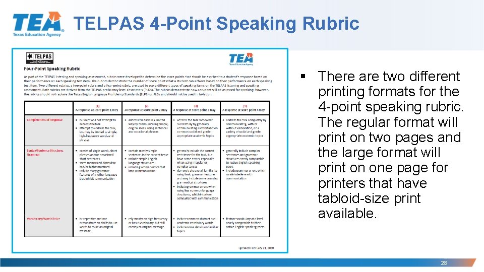 TELPAS 4 -Point Speaking Rubric § There are two different printing formats for the