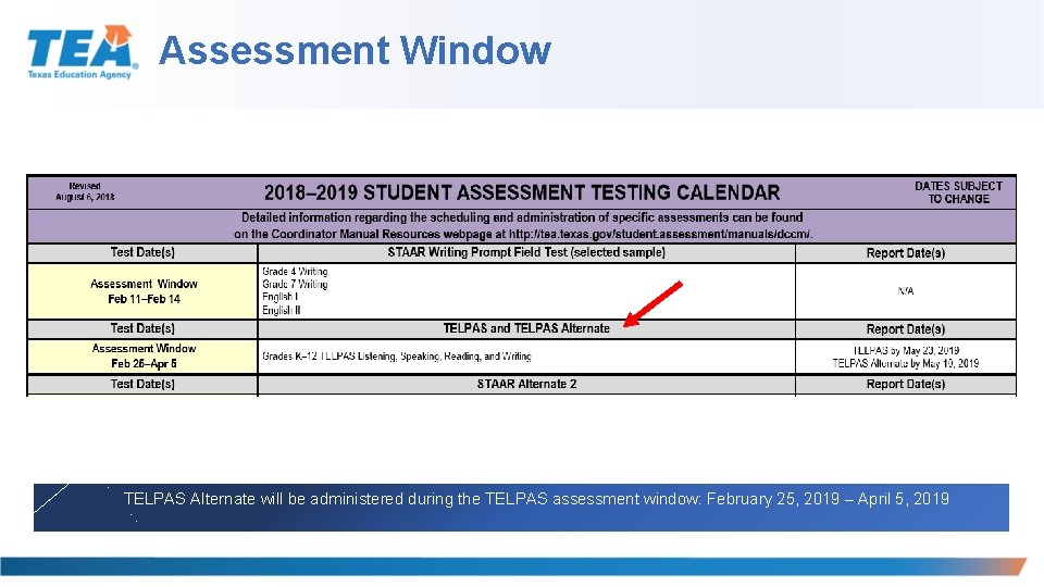 Assessment Window TELPAS Alternate will be administered during the TELPAS assessment window: February 25,