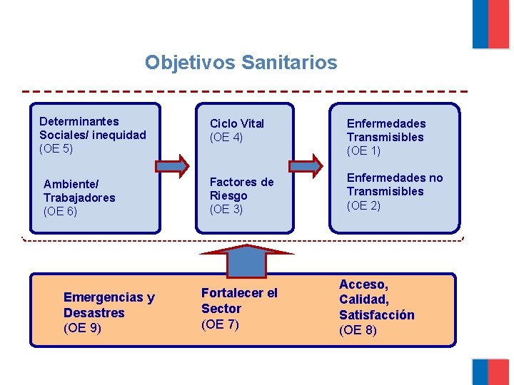 Objetivos Sanitarios Determinantes Sociales/ inequidad (OE 5) Ambiente/ Trabajadores (OE 6) Emergencias y Desastres