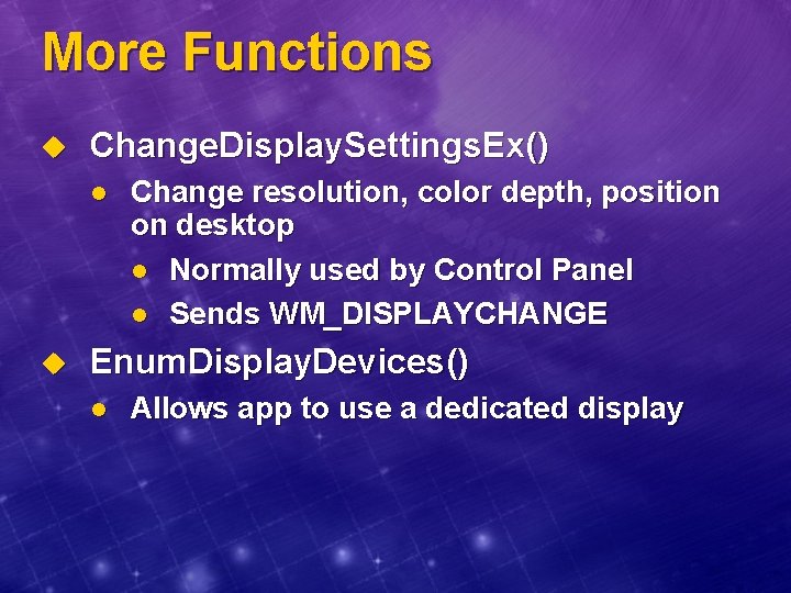 More Functions u Change. Display. Settings. Ex() l u Change resolution, color depth, position