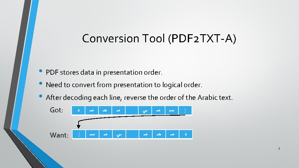 Conversion Tool (PDF 2 TXT-A) • PDF stores data in presentation order. • Need