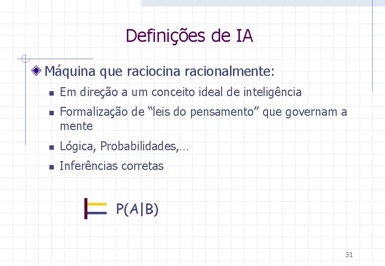 Definições de IA Máquina que raciocina racionalmente: n n Em direção a um conceito