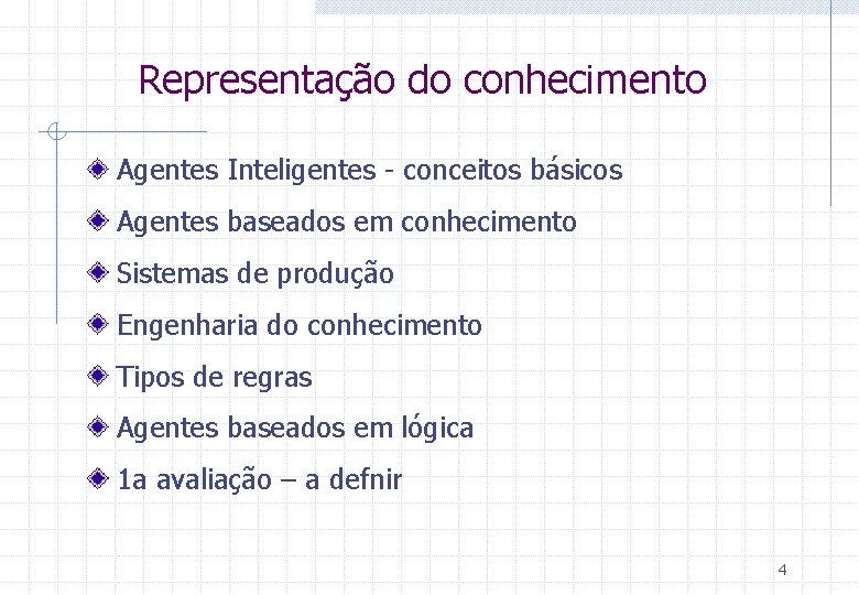 Representação do conhecimento Agentes Inteligentes - conceitos básicos Agentes baseados em conhecimento Sistemas de