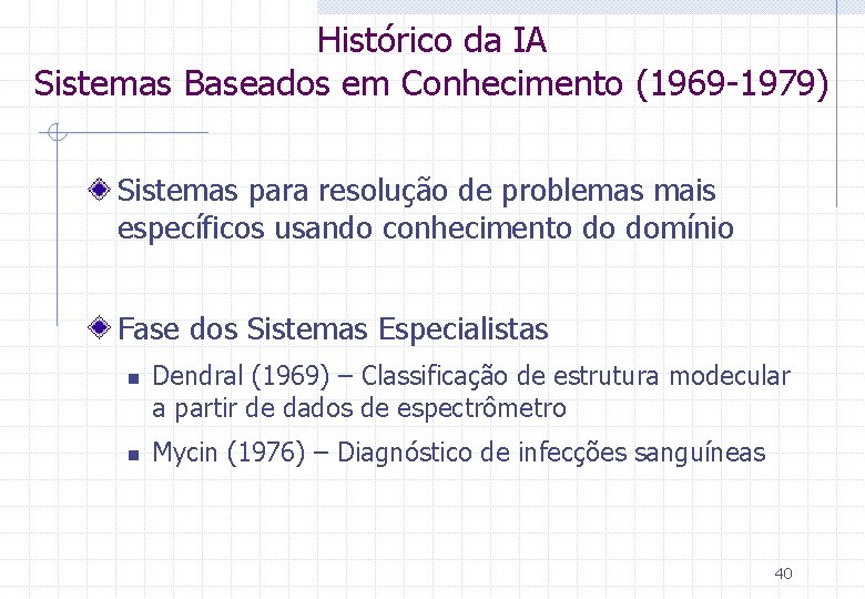 Histórico da IA Sistemas Baseados em Conhecimento (1969 -1979) Sistemas para resolução de problemas Histórico da IA Sistemas Baseados em Conhecimento (1969 -1979) Sistemas para resolução de problemas