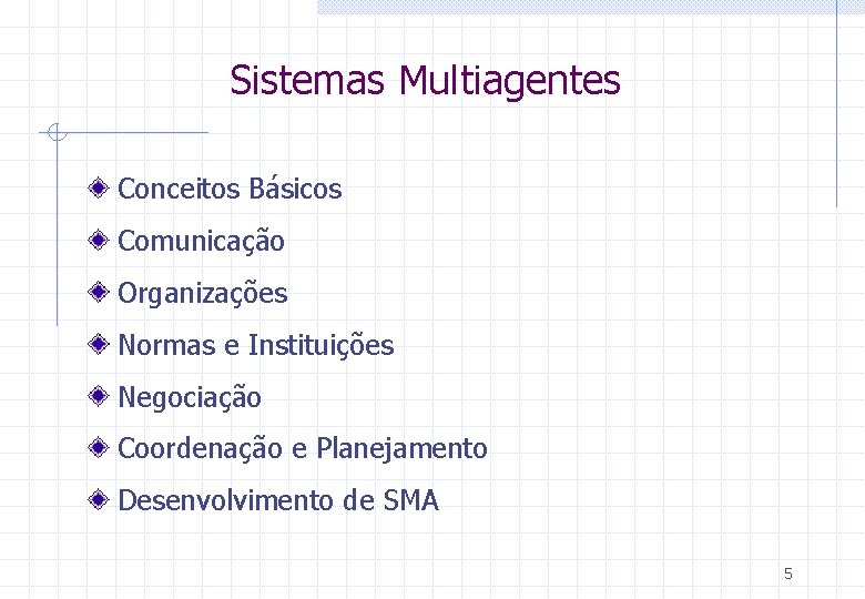 Sistemas Multiagentes Conceitos Básicos Comunicação Organizações Normas e Instituições Negociação Coordenação e Planejamento Desenvolvimento