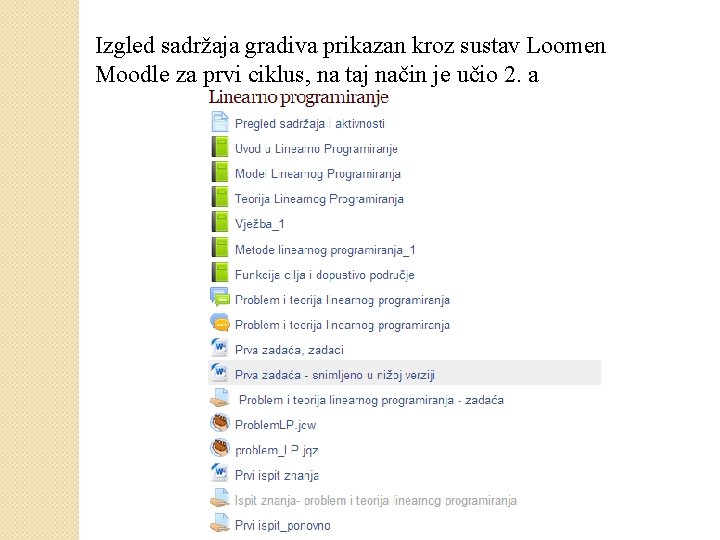 Izgled sadržaja gradiva prikazan kroz sustav Loomen Moodle za prvi ciklus, na taj način