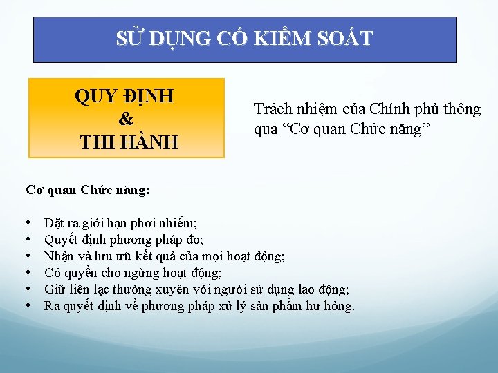 SỬ DỤNG CÓ KIỂM SOÁT QUY ĐỊNH & THI HÀNH Trách nhiệm của Chính