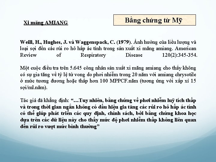 Xi măng AMIANG Bằng chứng từ Mỹ Weill, H. , Hughes, J. và Waggenspack,