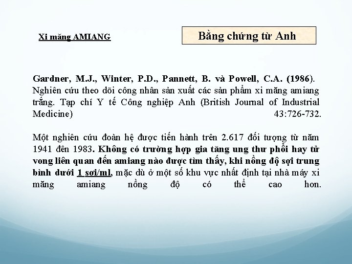 Xi măng AMIANG Bằng chứng từ Anh Gardner, M. J. , Winter, P. D.