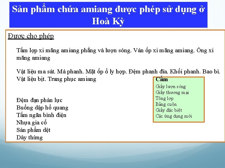 Sản phẩm chứa amiang được phép sử dụng ở Hoà Kỳ Được cho phép