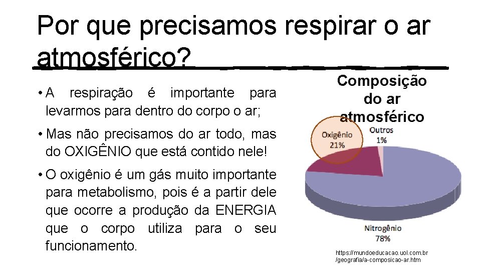 Por que precisamos respirar o ar atmosférico? • A respiração é importante para levarmos