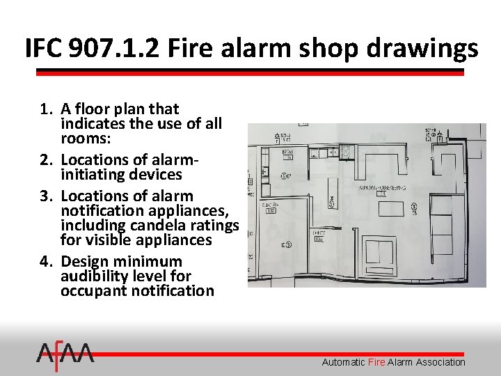 IFC 907. 1. 2 Fire alarm shop drawings 1. A floor plan that indicates