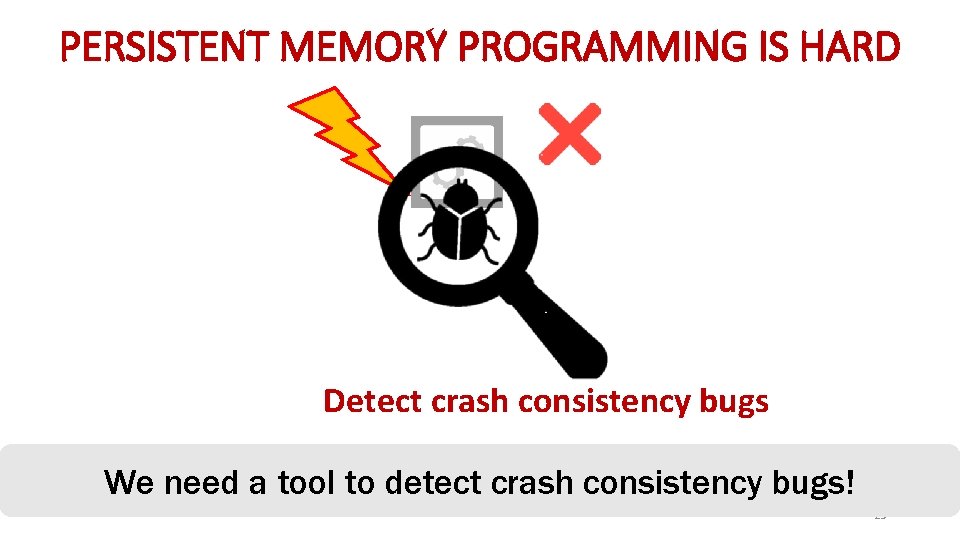 PERSISTENT MEMORY PROGRAMMING IS HARD Detect crash consistency bugs We need a tool to