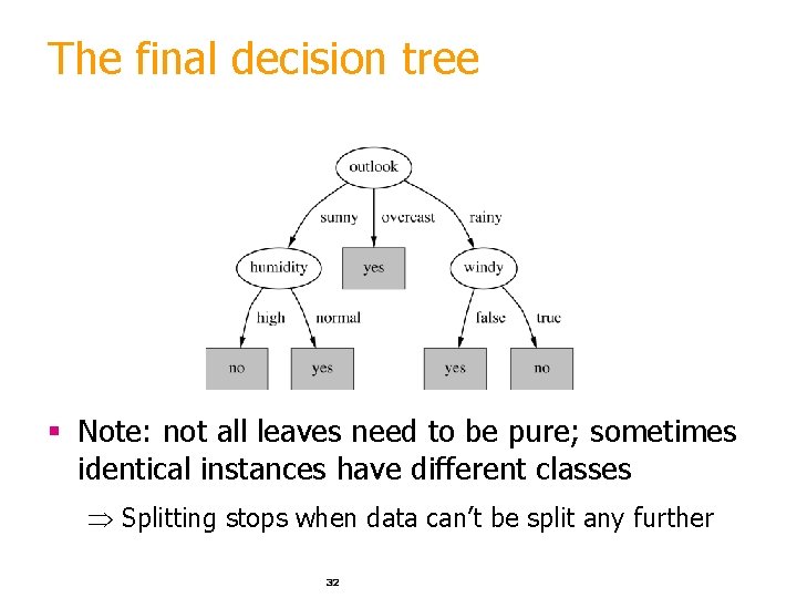 The final decision tree § Note: not all leaves need to be pure; sometimes