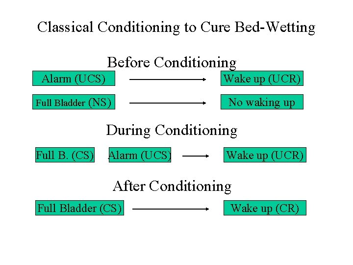 Classical Conditioning to Cure Bed-Wetting Before Conditioning Alarm (UCS) Wake up (UCR) Full Bladder