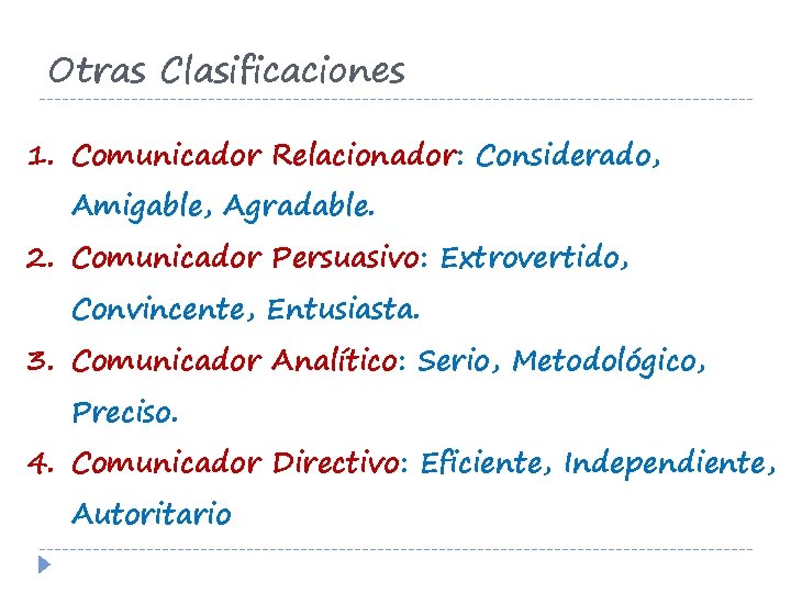 Otras Clasificaciones 1. Comunicador Relacionador: Considerado, Amigable, Agradable. 2. Comunicador Persuasivo: Extrovertido, Convincente, Entusiasta.