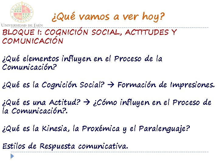 ¿Qué vamos a ver hoy? BLOQUE I: COGNICIÓN SOCIAL, ACTITUDES Y COMUNICACIÓN ¿Qué elementos