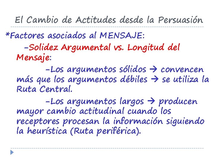 El Cambio de Actitudes desde la Persuasión *Factores asociados al MENSAJE: -Solidez Argumental vs.