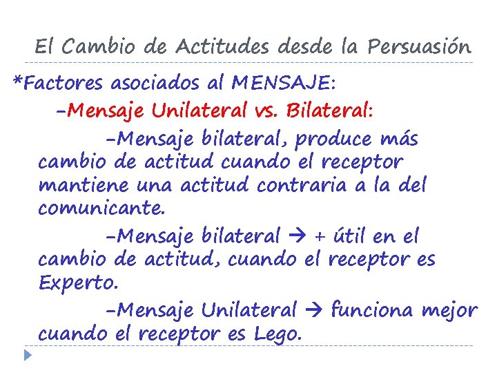 El Cambio de Actitudes desde la Persuasión *Factores asociados al MENSAJE: -Mensaje Unilateral vs.