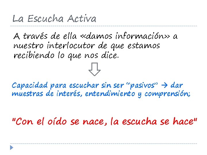 La Escucha Activa A través de ella «damos información» a nuestro interlocutor de que