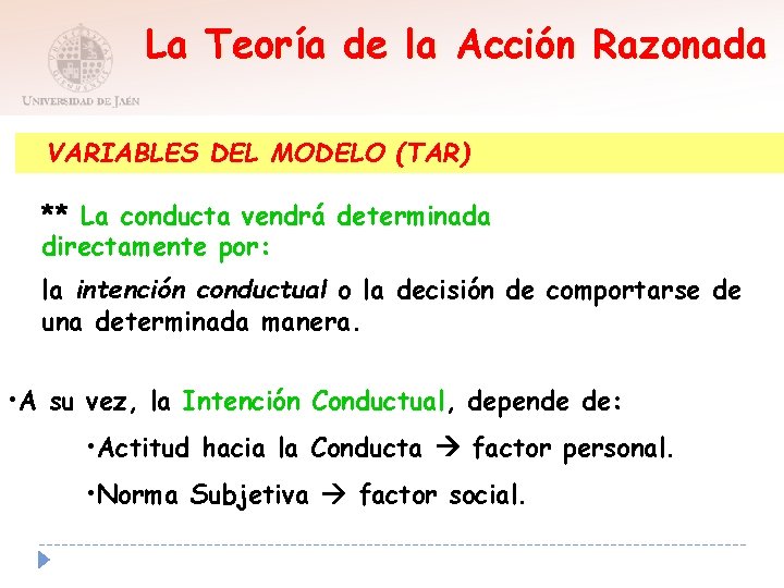 La Teoría de la Acción Razonada VARIABLES DEL MODELO (TAR) ** La conducta vendrá