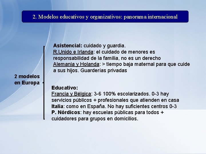 2. Modelos educativos y organizativos: panorama internacional Asistencial: cuidado y guardia. R. Unido e