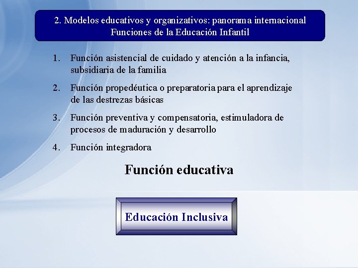 2. Modelos educativos y organizativos: panorama internacional Funciones de la Educación Infantil 1. Función