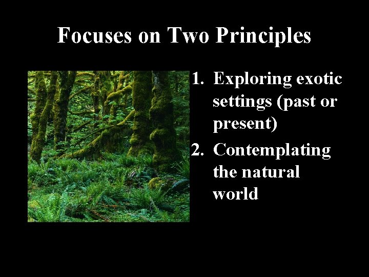 Focuses on Two Principles 1. Exploring exotic settings (past or present) 2. Contemplating the