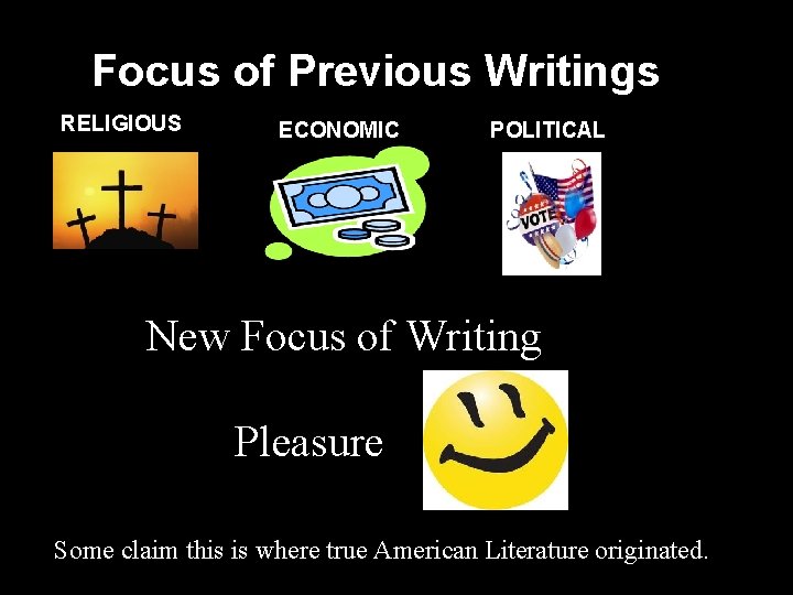 Focus of Previous Writings RELIGIOUS ECONOMIC POLITICAL New Focus of Writing Pleasure Some claim