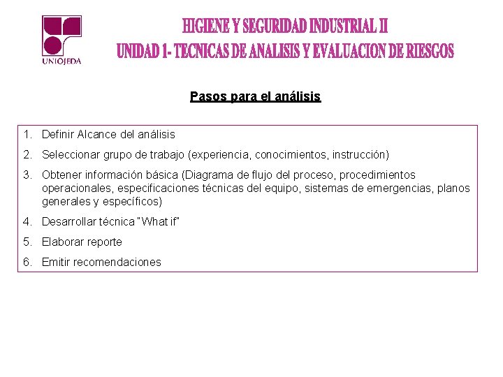 Pasos para el análisis 1. Definir Alcance del análisis 2. Seleccionar grupo de trabajo