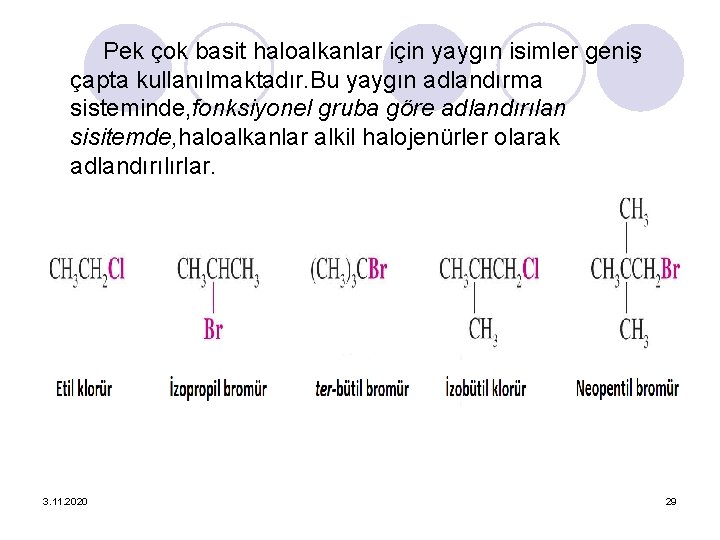 Pek çok basit haloalkanlar için yaygın isimler geniş çapta kullanılmaktadır. Bu yaygın adlandırma sisteminde,