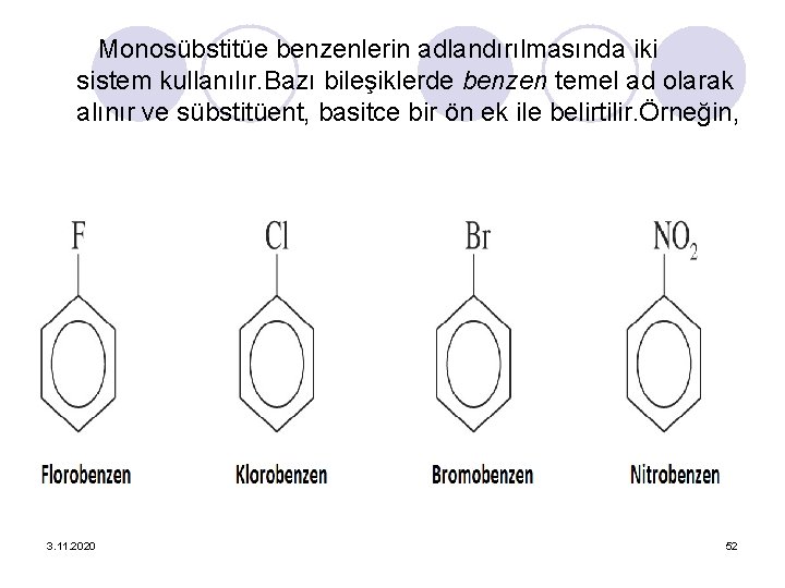 Monosübstitüe benzenlerin adlandırılmasında iki sistem kullanılır. Bazı bileşiklerde benzen temel ad olarak alınır ve