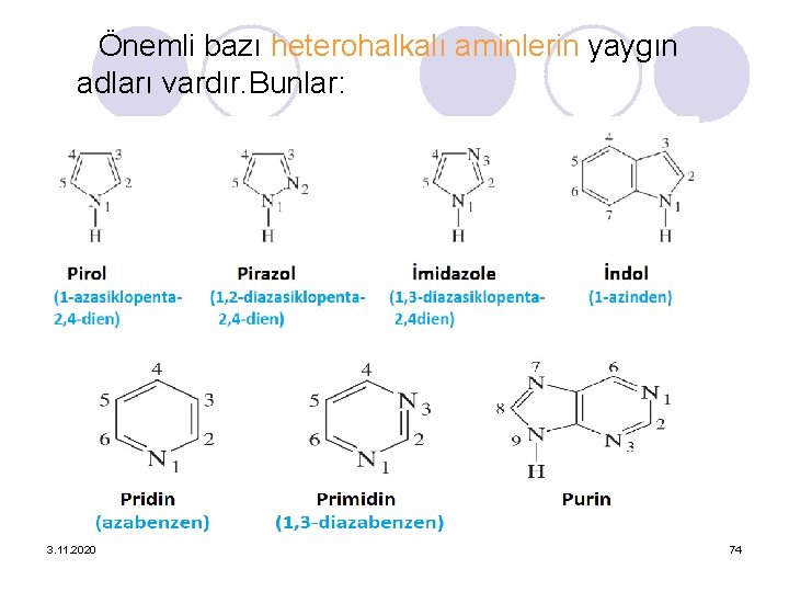 Önemli bazı heterohalkalı aminlerin yaygın adları vardır. Bunlar: 3. 11. 2020 74 
